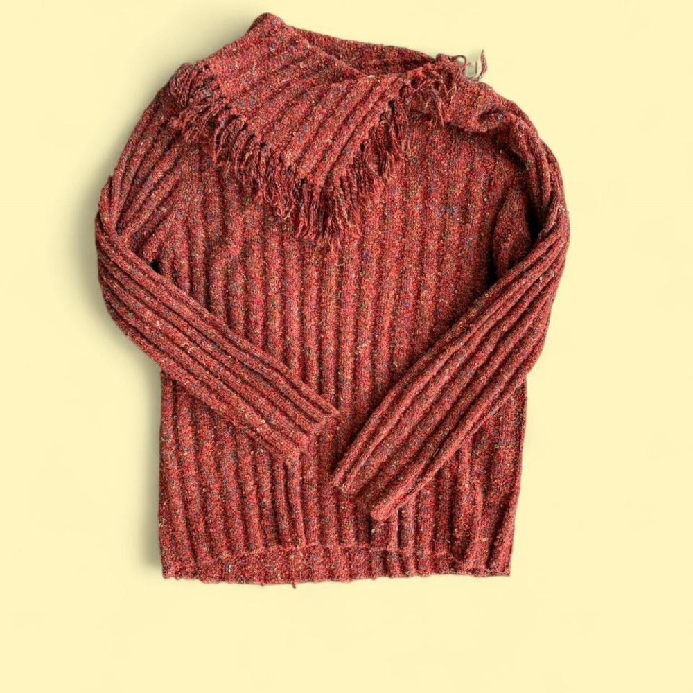 Orange‎ multicolor knit fringe sweater with asymmetrical cowl neck